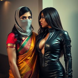 A hot Indian woman, stunningly dressed in a colorful saree with intricate designs, stands confidently while her face is partially hidden by a stylish balaclava, adding an element of intrigue