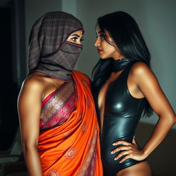 A hot Indian woman elegantly adorned in a vibrant saree with intricate detailing, confidently posed with her face partially obscured by a stylish balaclava, exuding mystery and allure