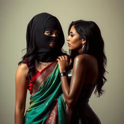 A hot Indian woman elegantly adorned in a vibrant saree with intricate detailing, confidently posed with her face partially obscured by a stylish balaclava, exuding mystery and allure