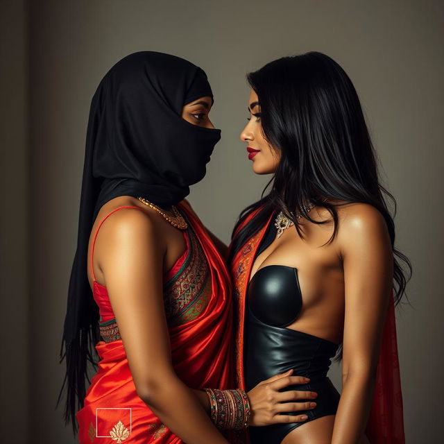 A hot Indian woman elegantly adorned in a vibrant saree with intricate detailing, confidently posed with her face partially obscured by a stylish balaclava, exuding mystery and allure