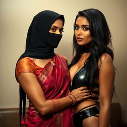 A hot Indian woman, elegantly dressed in a richly colored saree with stunning patterns, poses confidently with her face partially concealed by a fashionable balaclava, radiating both allure and mystery