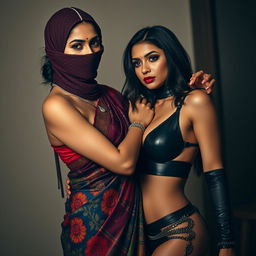 A hot Indian woman, elegantly dressed in a richly colored saree with stunning patterns, poses confidently with her face partially concealed by a fashionable balaclava, radiating both allure and mystery