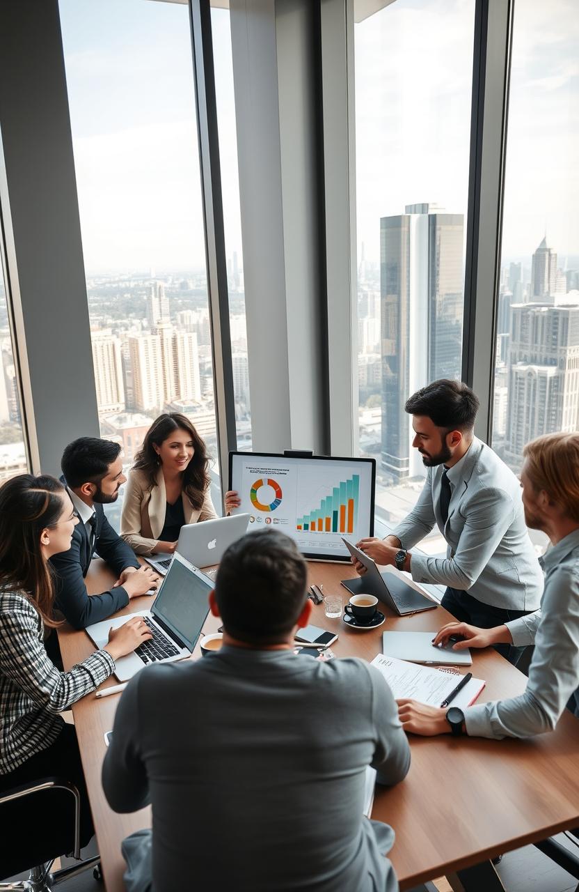 A dynamic and modern scene depicting a diverse group of business professionals collaborating in a sleek office space