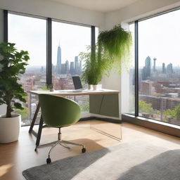 A well-lit, modern office space with a large desk, ergonomic chair, and a window providing a view of the city skyline. Green plants are scattered for a dash of nature.