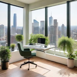 A well-lit, modern office space with a large desk, ergonomic chair, and a window providing a view of the city skyline. Green plants are scattered for a dash of nature.