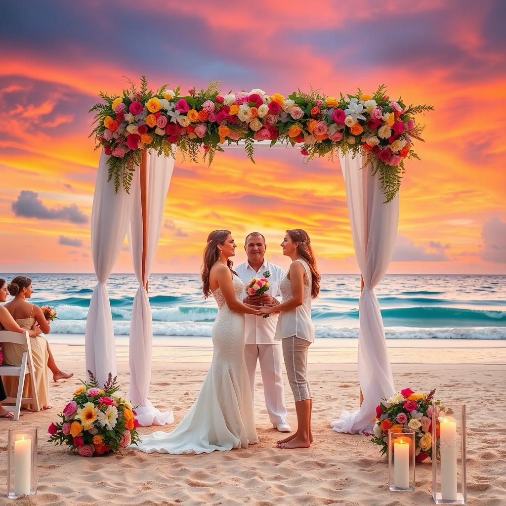 A romantic wedding scene set during sunset, with a couple exchanging vows on a picturesque beach