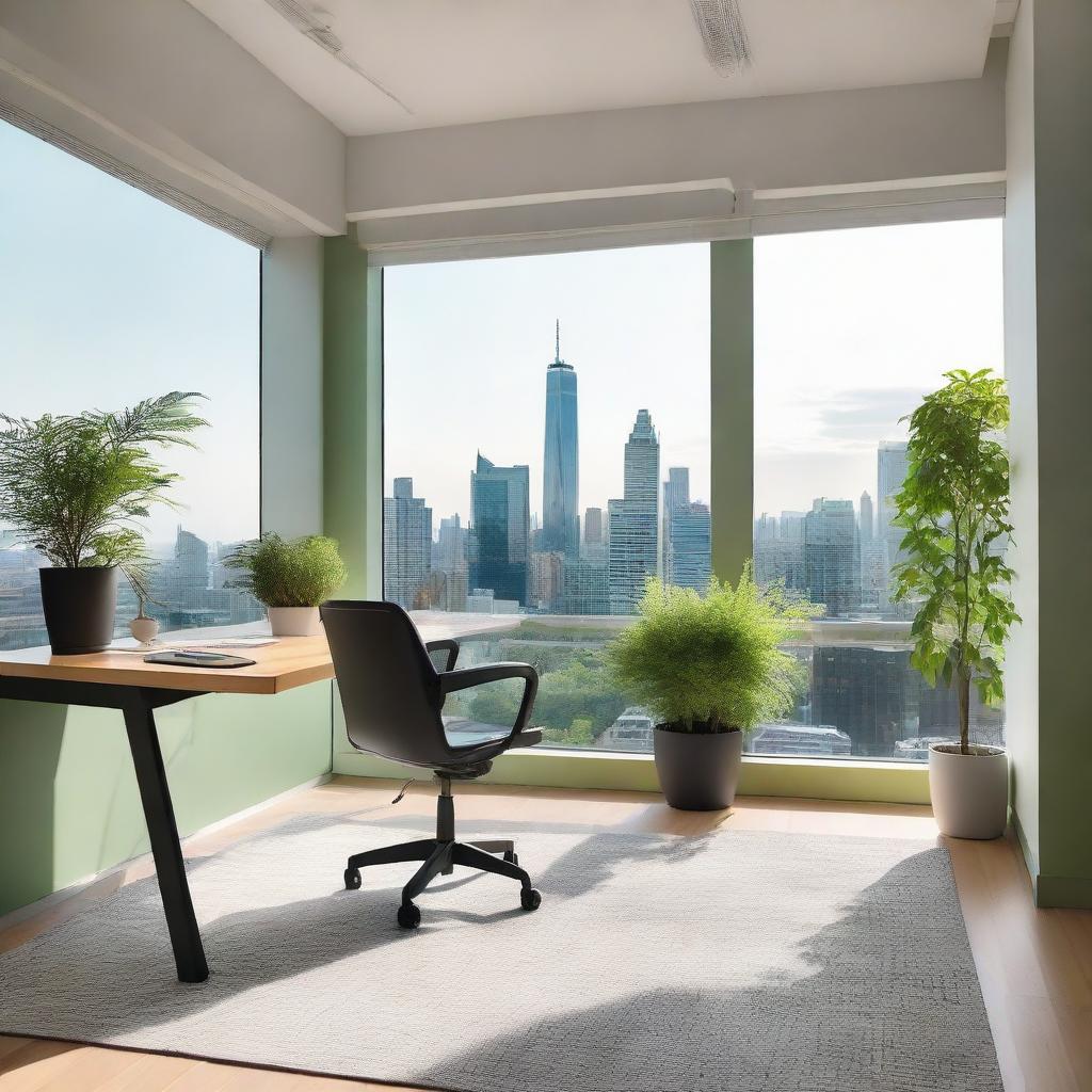 A well-lit, modern office space with a large desk, ergonomic chair, and a window providing a view of the city skyline. Green plants are scattered for a dash of nature.