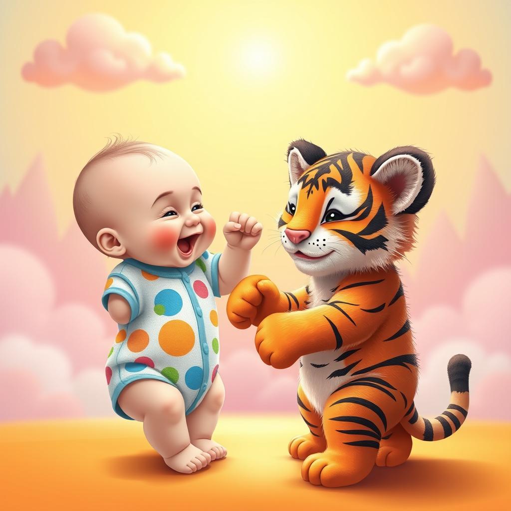 A whimsical and charming scene depicting a cute baby and an adorable tiger playfully boxing in a bright and cheerful environment