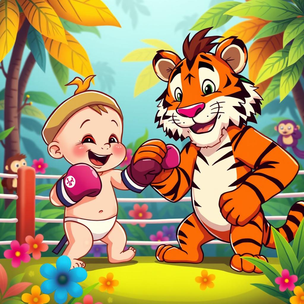A playful and whimsical scene of a cartoon baby and a tiger engaging in a friendly boxing match in a vibrant and colorful jungle setting