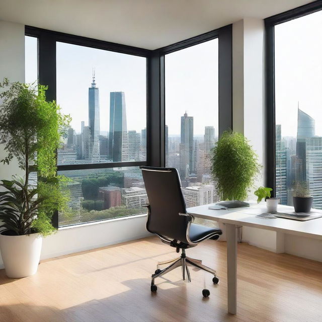 A well-lit, modern office space with a large desk, ergonomic chair, and a window providing a view of the city skyline. Green plants are scattered for a dash of nature.