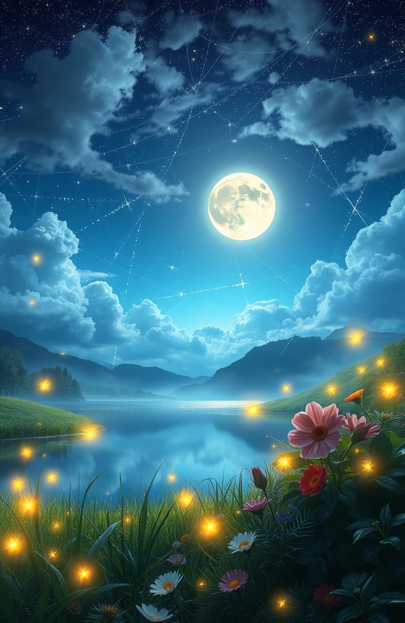 A dreamy landscape filled with ethereal elements, showcasing a mesmerizing night sky filled with stars and a large, luminous moon casting a gentle glow