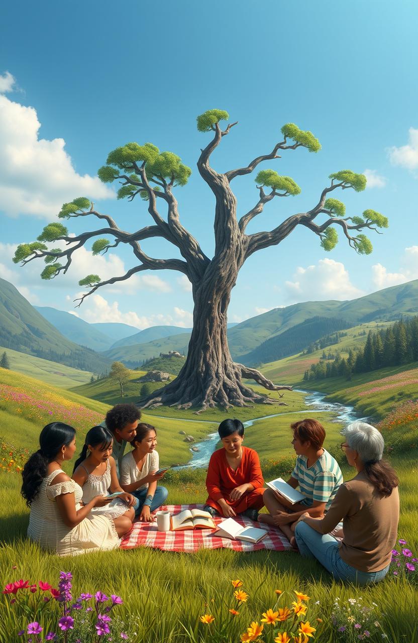 A serene landscape depicting a lush, green valley with a clear blue sky and gentle soft clouds