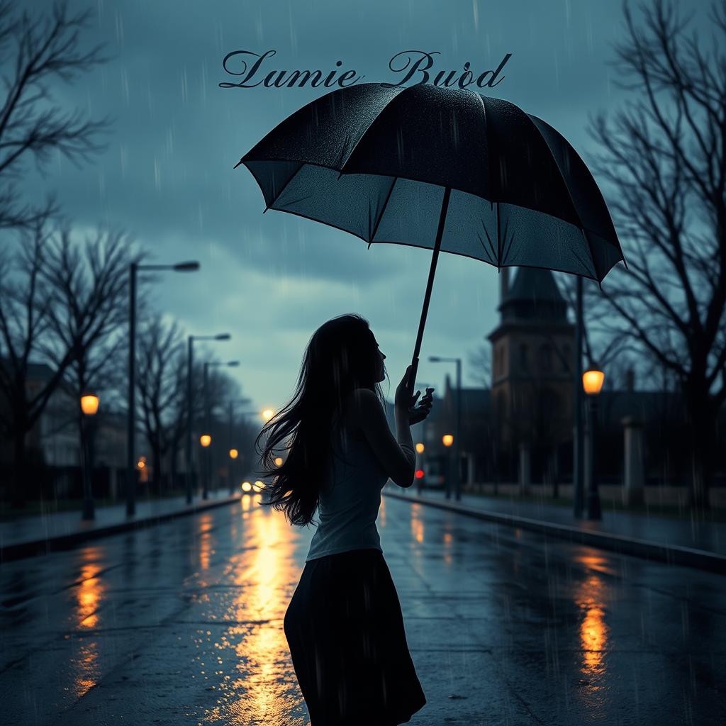 A book cover design featuring a lonely, rainy street at dusk, with dim streetlights casting a soft glow on the wet pavement