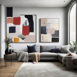 An expansive wall adorned with modern and abstract art, adding depth and visual interest.