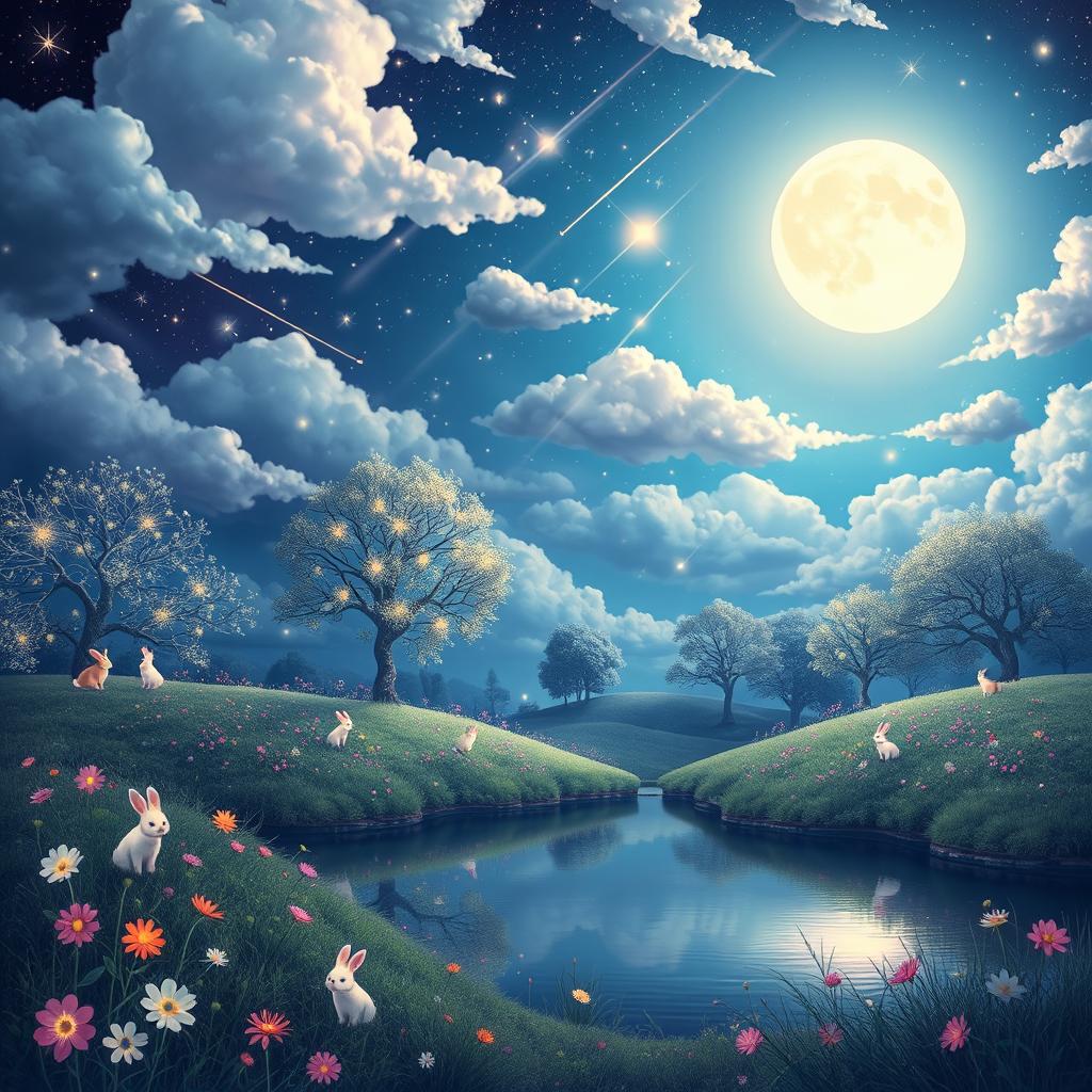 A dreamy landscape filled with a surreal mix of clouds, stars, and soft pastel colors