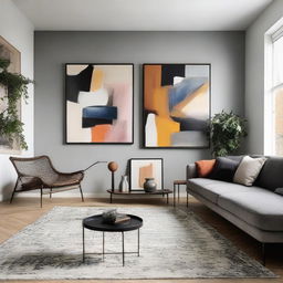 An expansive wall adorned with modern and abstract art, adding depth and visual interest.