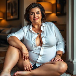 A forty-five-year-old brunette woman with a slightly chubby figure is sitting comfortably on the floor, leaning against a stylish wall in a cozy room
