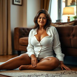 A forty-five-year-old brunette woman with a slightly chubby figure is sitting comfortably on the floor, leaning against a stylish wall in a cozy room