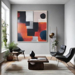 An expansive wall adorned with modern and abstract art, adding depth and visual interest.