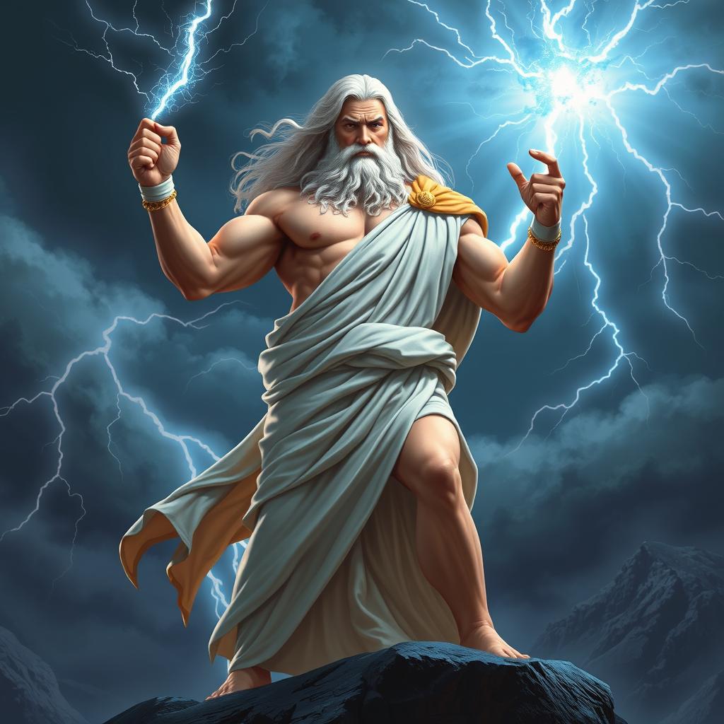 A powerful and majestic depiction of Zeus, the Greek god of thunder and lightning, standing atop Mount Olympus