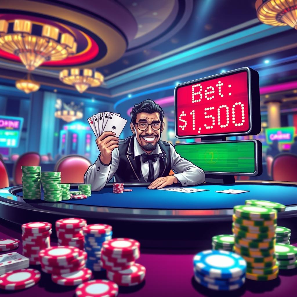 A vibrant and eye-catching illustration of a casino scene depicting a confident gambler sitting at a sleek poker table, surrounded by stacks of colorful poker chips and cards