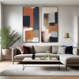 An expansive wall adorned with modern and abstract art, adding depth and visual interest.