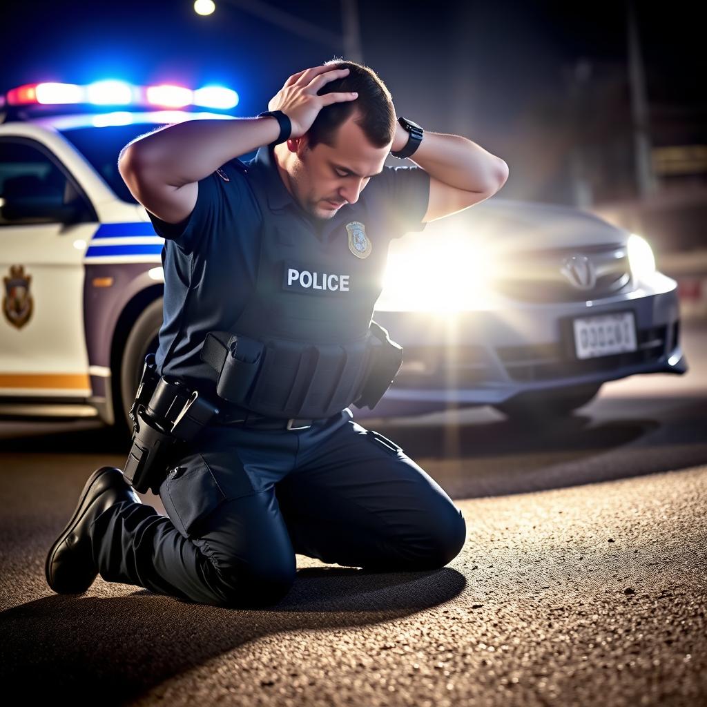 A fully geared policeman kneeling down with hands behind his head, showing a clear act of surrender
