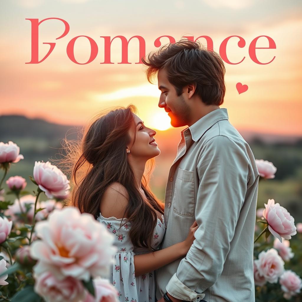 A beautiful magazine cover featuring a romantic theme, showcasing a serene sunset background with soft pastel colors bathing the scene in warmth
