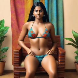 A highly realistic, top-quality digital art piece showcasing a confident Indian woman in a thinner, more revealing bikini