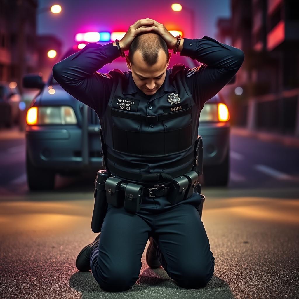 A fully geared belt policeman kneeling down with hands behind his head, visibly handcuffed