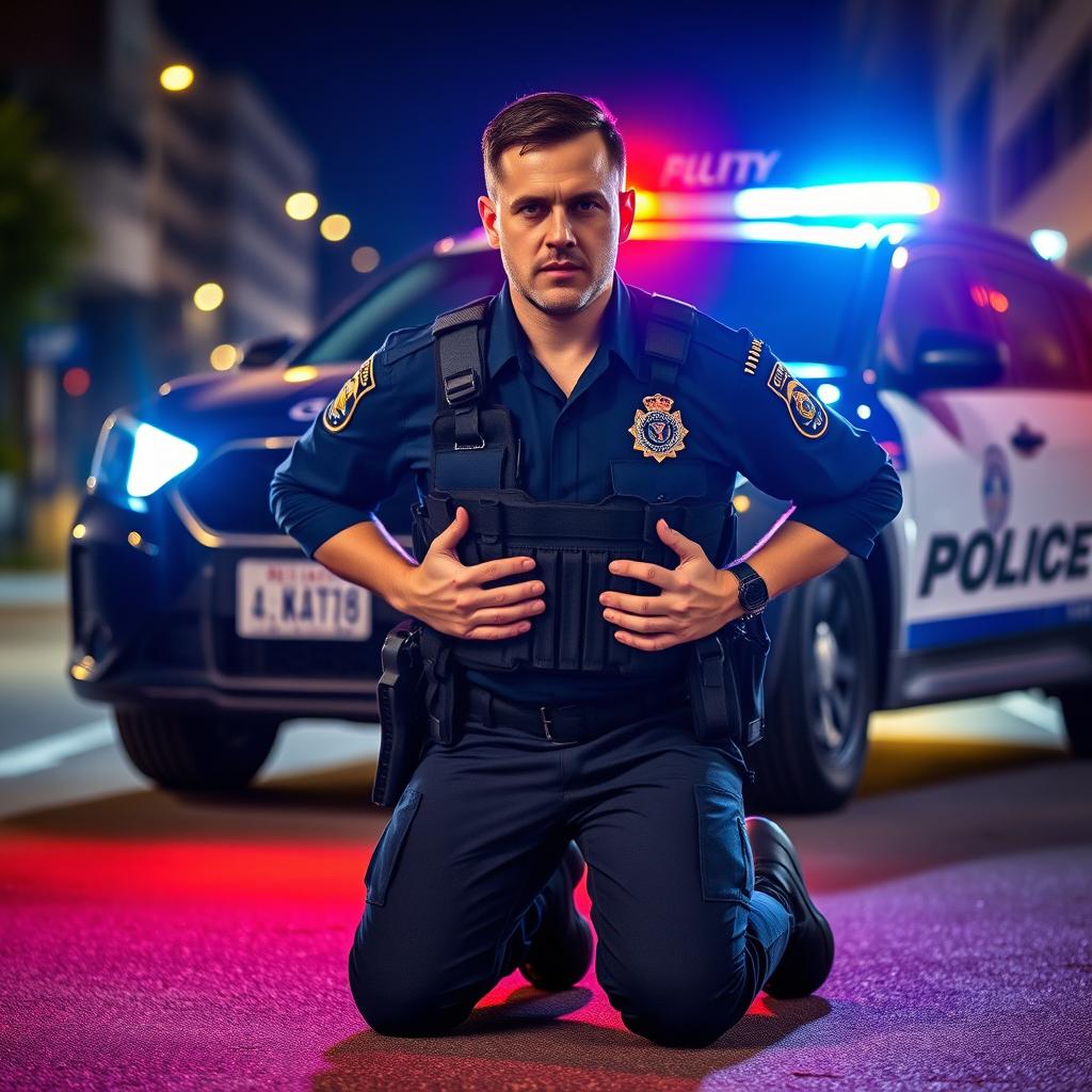 A fully geared policeman with a tactical belt kneeling down with hands behind his head, signifying surrender
