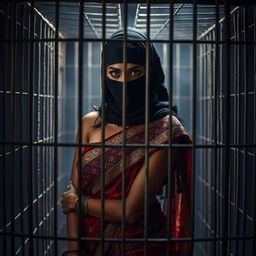 A hot Indian woman, elegantly draped in a colorful saree embellished with intricate patterns, stands in a dramatic scene within a cage that symbolizes confinement