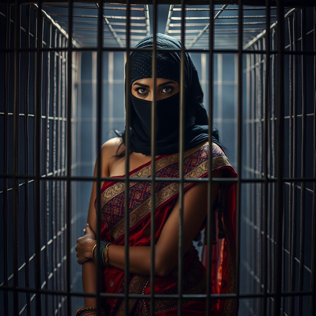 A hot Indian woman, elegantly draped in a colorful saree embellished with intricate patterns, stands in a dramatic scene within a cage that symbolizes confinement