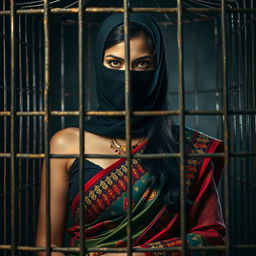 A hot Indian woman, elegantly draped in a colorful saree embellished with intricate patterns, stands in a dramatic scene within a cage that symbolizes confinement