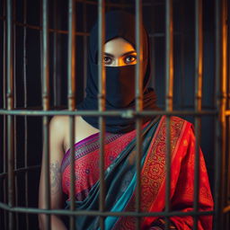 A hot Indian woman, elegantly draped in a colorful saree embellished with intricate patterns, stands in a dramatic scene within a cage that symbolizes confinement