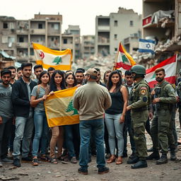 A group of diverse people holding yellow and Lebanon flags stands defiantly facing a group of Israeli soldiers in a war-torn urban environment