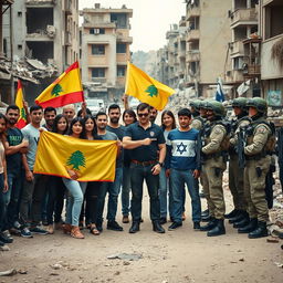 A group of diverse people holding yellow and Lebanon flags stands defiantly facing a group of Israeli soldiers in a war-torn urban environment