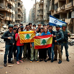A group of diverse people holding yellow and Lebanon flags stands defiantly facing a group of Israeli soldiers in a war-torn urban environment