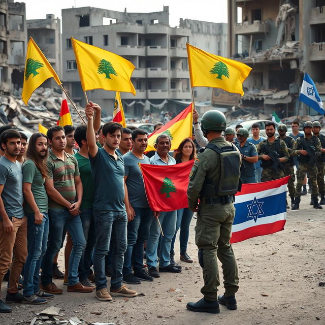 A group of diverse people holding yellow and Lebanon flags stands defiantly facing a group of Israeli soldiers in a war-torn urban environment