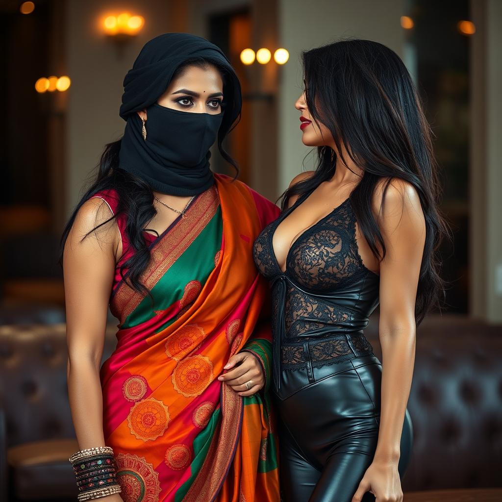 A hot Indian woman, elegantly adorned in a vibrant saree featuring intricate designs, stands confidently with her face partially concealed by a fashionable balaclava, adding an air of mystery and allure