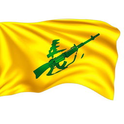 A detailed illustration of the Hezbollah flag, featuring its distinctive yellow background, green stylized rifle and the inscription of the word 'Hezbollah' in Arabic