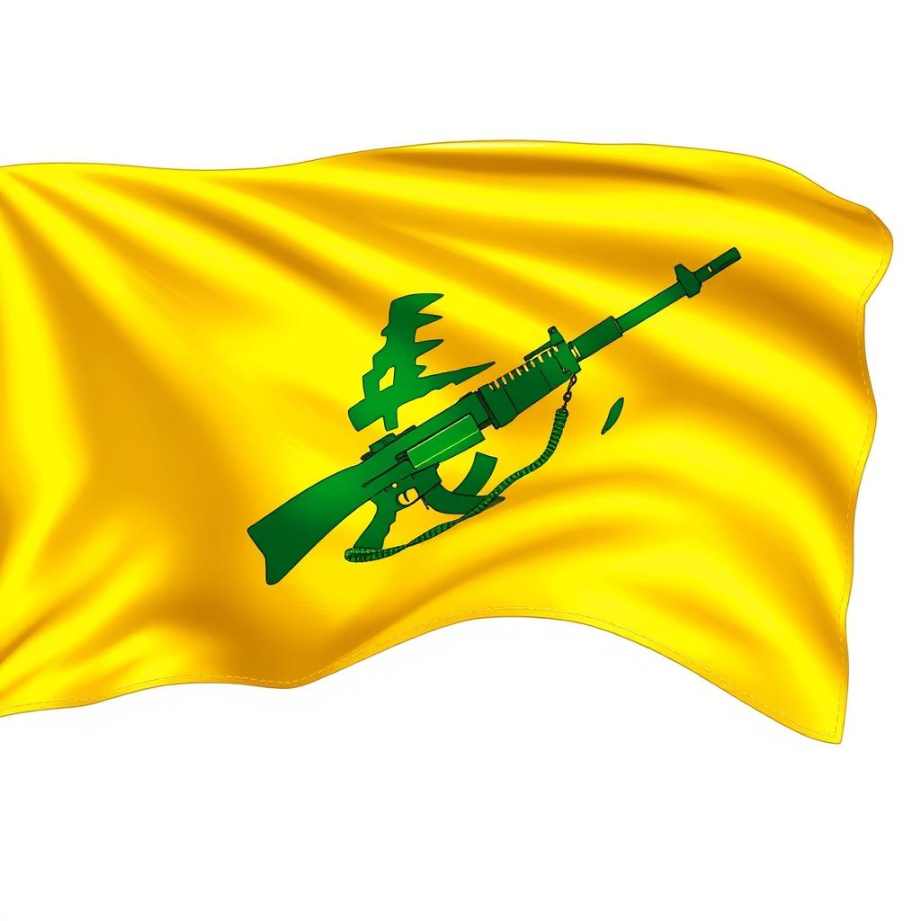 A detailed illustration of the Hezbollah flag, featuring its distinctive yellow background, green stylized rifle and the inscription of the word 'Hezbollah' in Arabic