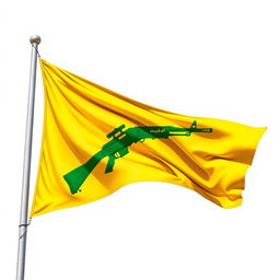 A detailed illustration of the Hezbollah flag, featuring its distinctive yellow background, green stylized rifle and the inscription of the word 'Hezbollah' in Arabic