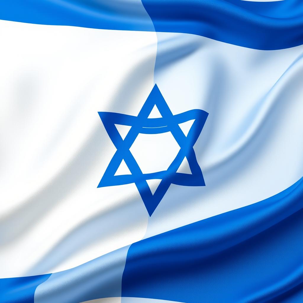 A detailed representation of the Israeli flag, featuring its iconic blue and white colors with two horizontal blue stripes on the top and bottom and a blue Star of David in the center