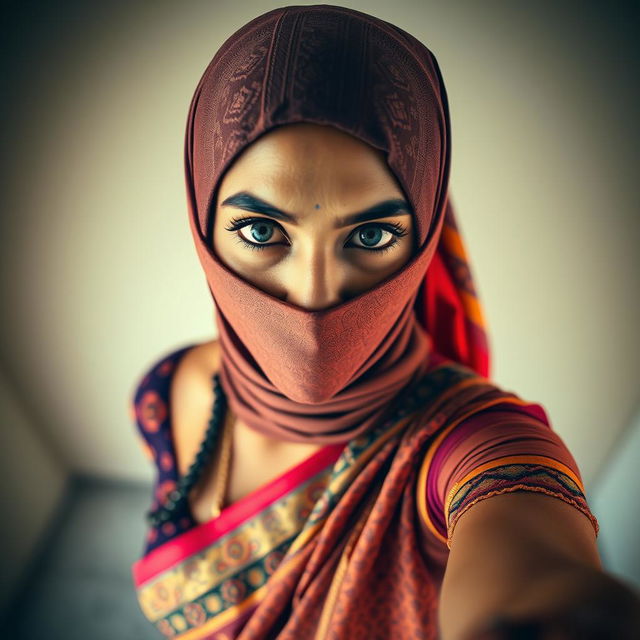 A hot Indian woman elegantly dressed in a traditional saree with intricate patterns, showcasing vibrant colors