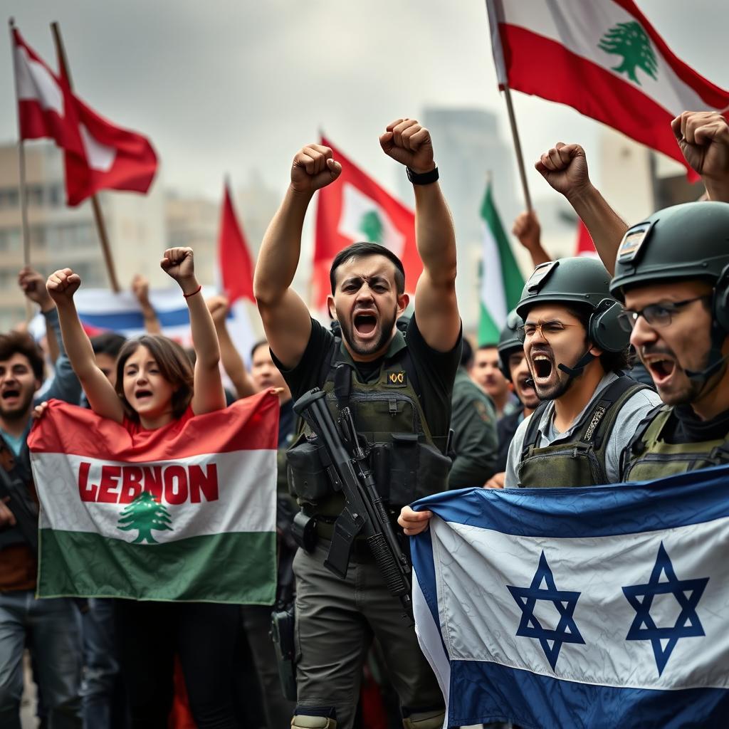 A dramatic scene depicting a group of Lebanese protesters expressing intense emotions, showing their anger towards Israeli soldiers