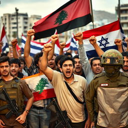 A dramatic scene depicting a group of Lebanese protesters expressing intense emotions, showing their anger towards Israeli soldiers