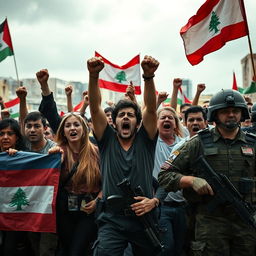 A dramatic scene depicting a group of Lebanese protesters expressing intense emotions, showing their anger towards Israeli soldiers