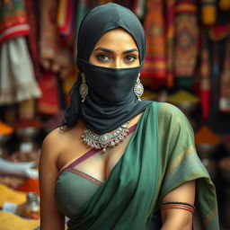 A hot Indian woman wearing a stylish saree that elegantly drapes over her curves