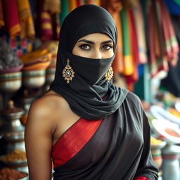 A hot Indian woman wearing a stylish saree that elegantly drapes over her curves